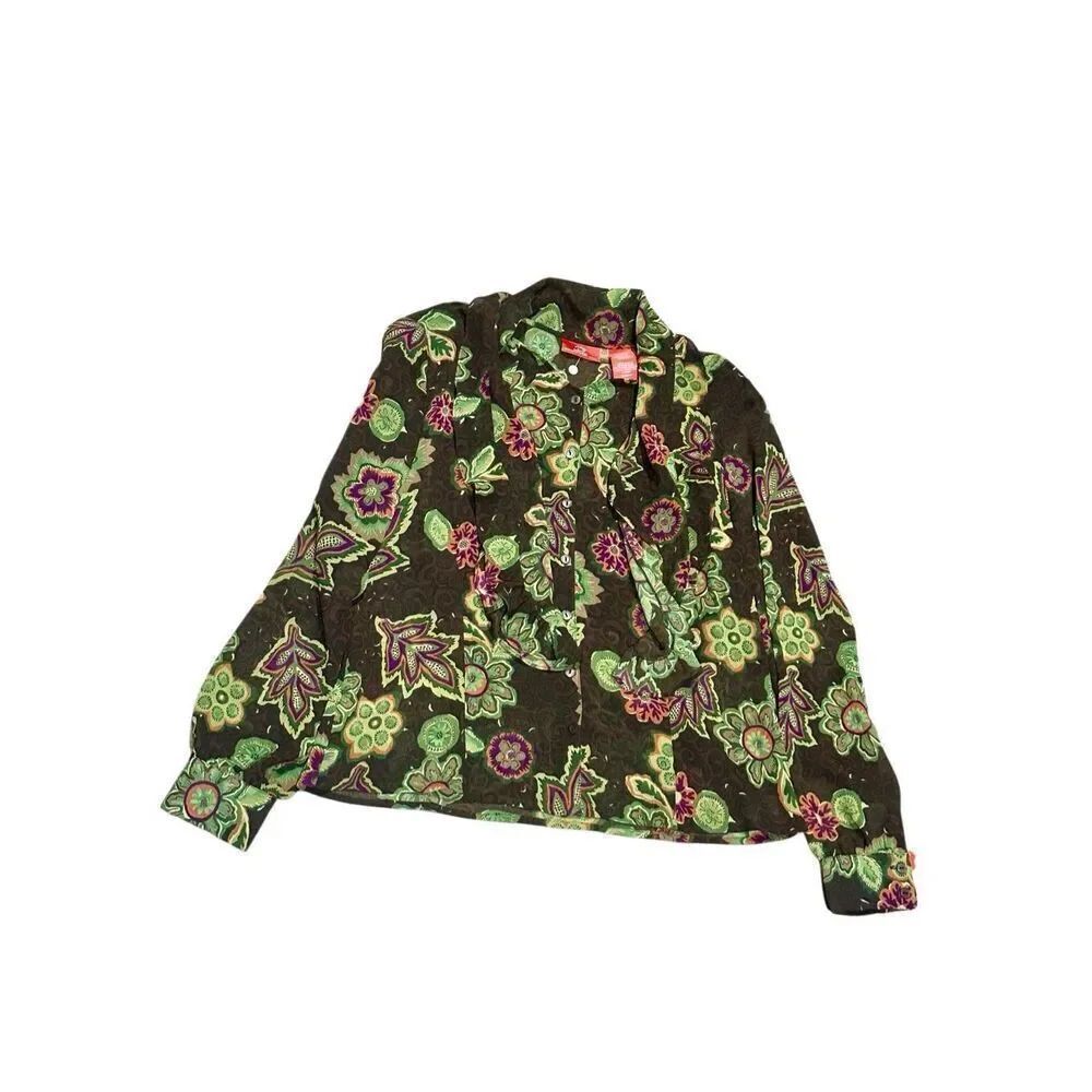 Oscar De la Renta brown ruffle  floral office blouse cottagecore pussybow